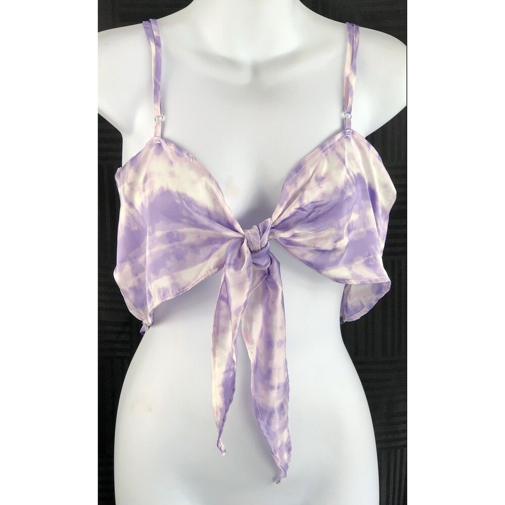 NWT silky handkerchief halter top L jrs purple Tie Dye tie front Y2K boho hippie